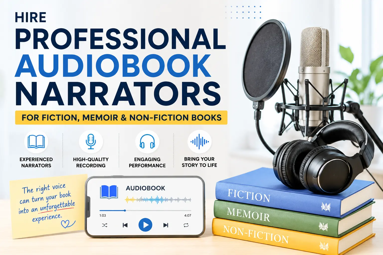 Hire Professional Audiobook Narrators for Fiction, Memoir & Non-Fiction Books