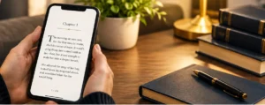Reader holding a phone with a book sample