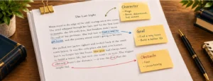 Marked-up manuscript page with notes labeling character